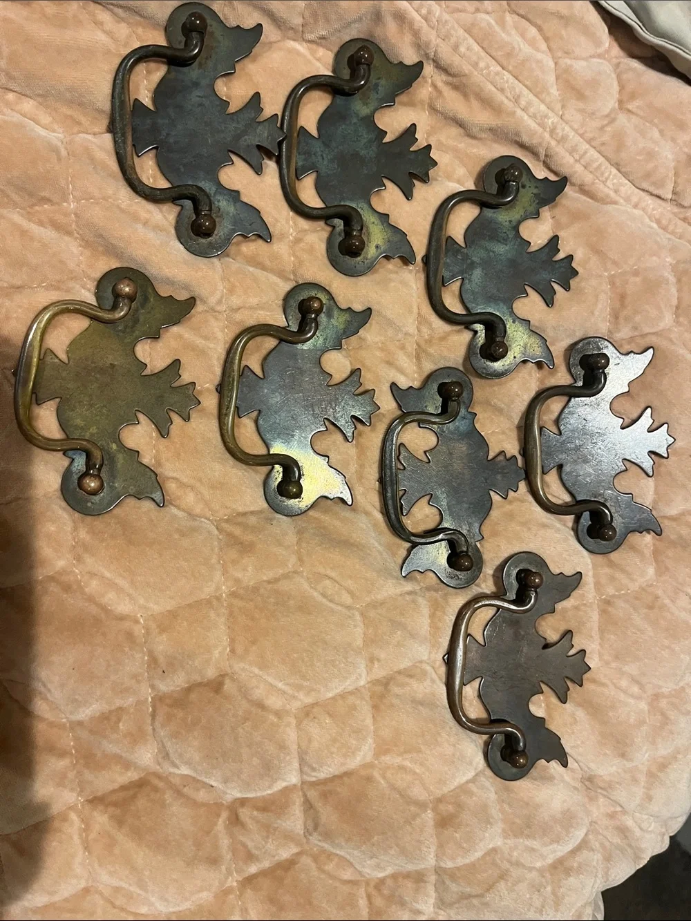 Vintage-Inspired Brass Leaf Pull Handles in Aged Patina - Set of 8.